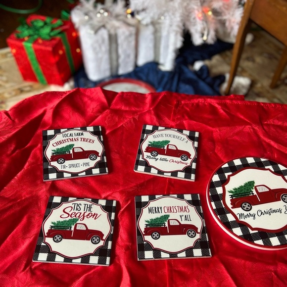 8x Red Truck Christmas Ceramic Coaster Trivet Set - Picture 2 of 7